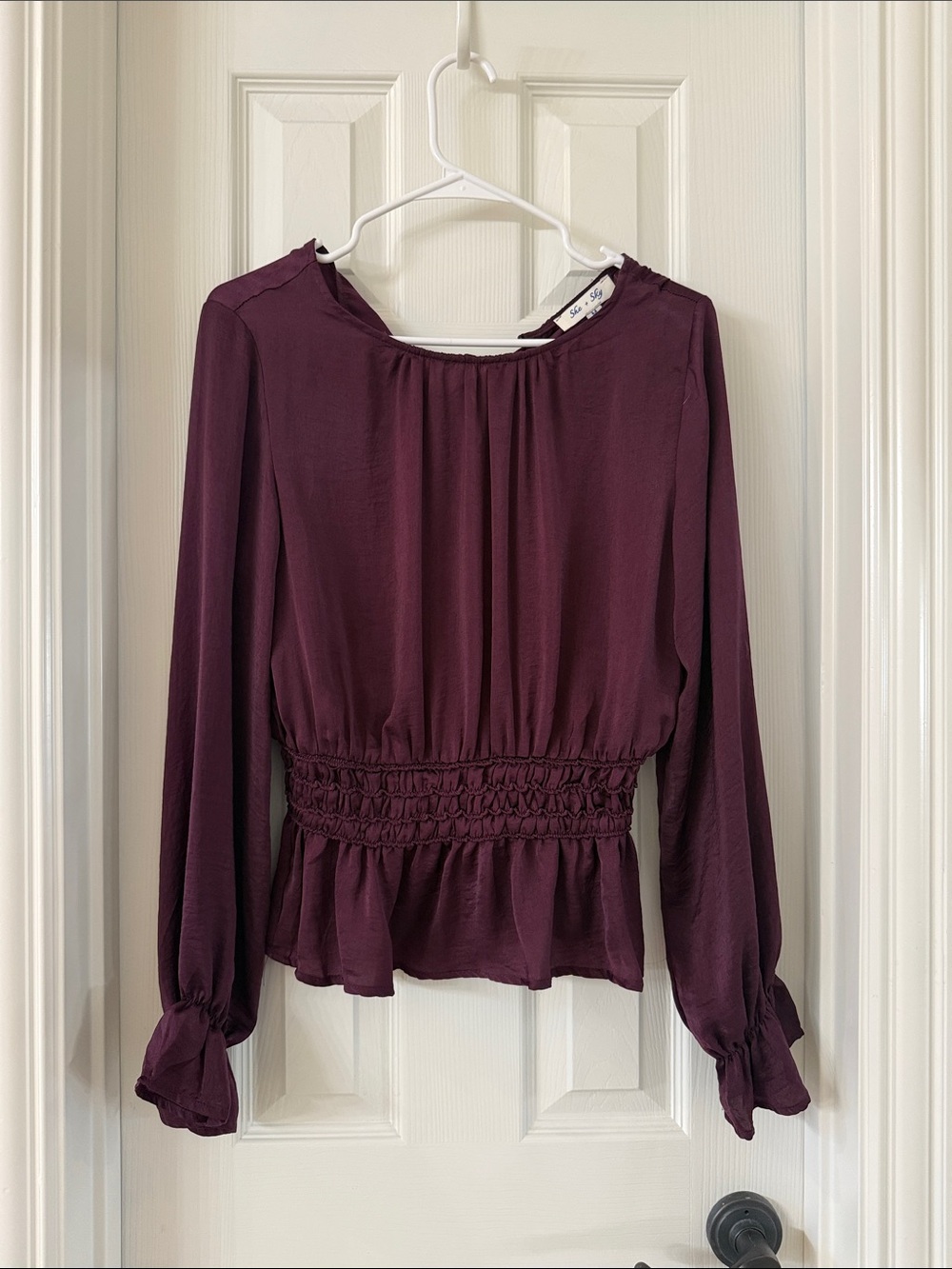 She + Sky Deep Plum Smocked-Waist Long Sleeve Blouse